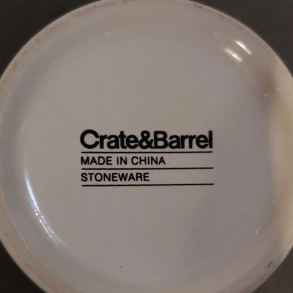 Crate & Barrel Coffee Mug Cup Orange Yellow Green Blue Stripes 12 Ounce VG Cond